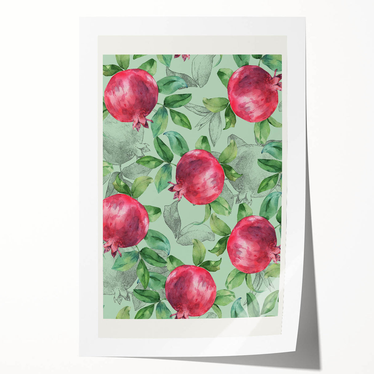 Extra large rolled print of vibrant fruits and floral design on a white background, ideal for art wall dining room.