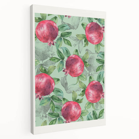 Large stretched canvas depicting assorted colorful fruits, ideal for kitchen wall art.