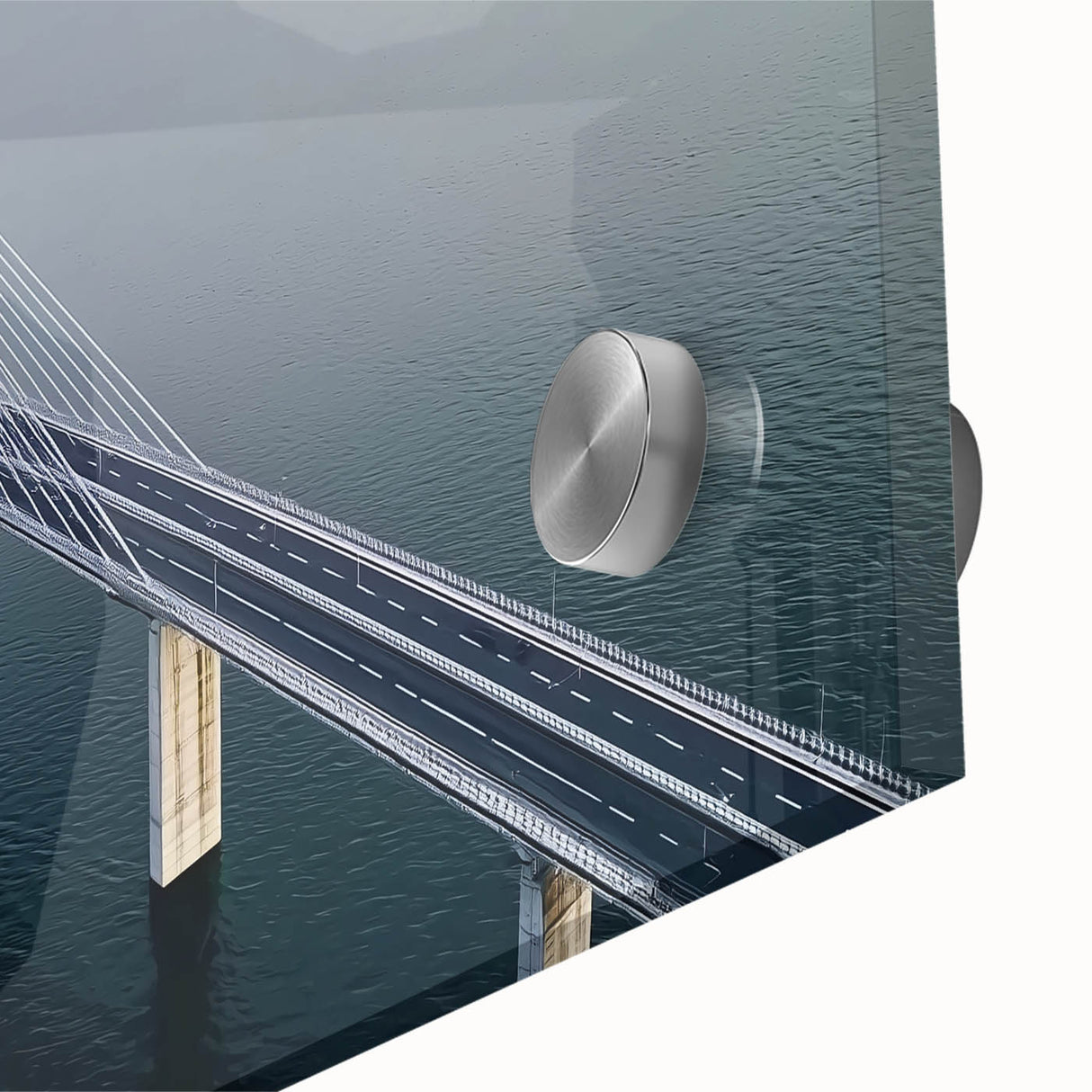 Close-up of a stunning acrylic glass landscape bridge art piece, showcasing vibrant colors and intricate details, perfect for modern home decor and wall displays.