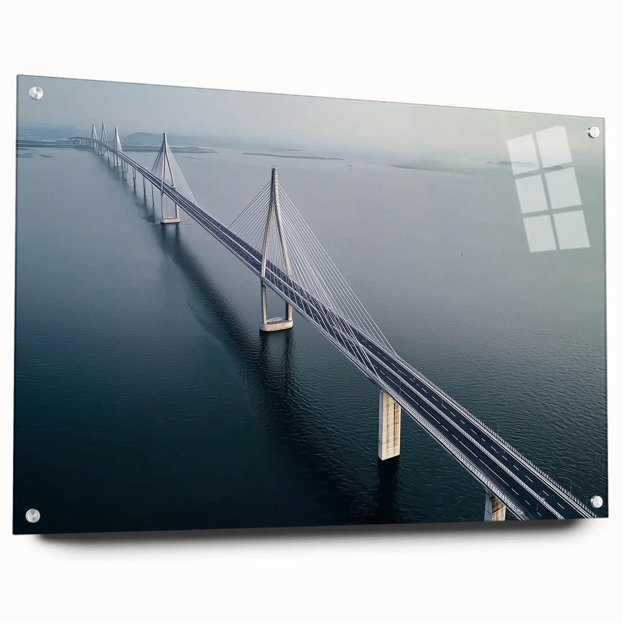 Acrylic glass side view of a modern landscape bridge design, showcasing intricate pins and a sleek finish, perfect for contemporary décor enthusiasts.