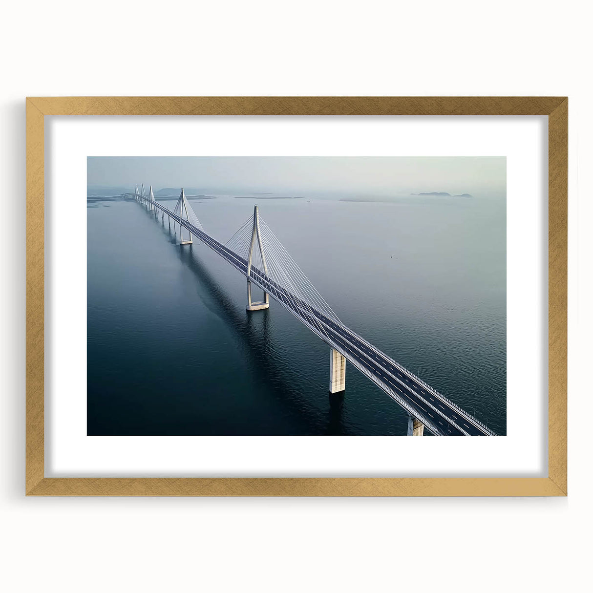 Landscape bridge frame with gold mat, showcasing an elegant front view. The design highlights intricate details and a refined aesthetic, perfect for home decor.