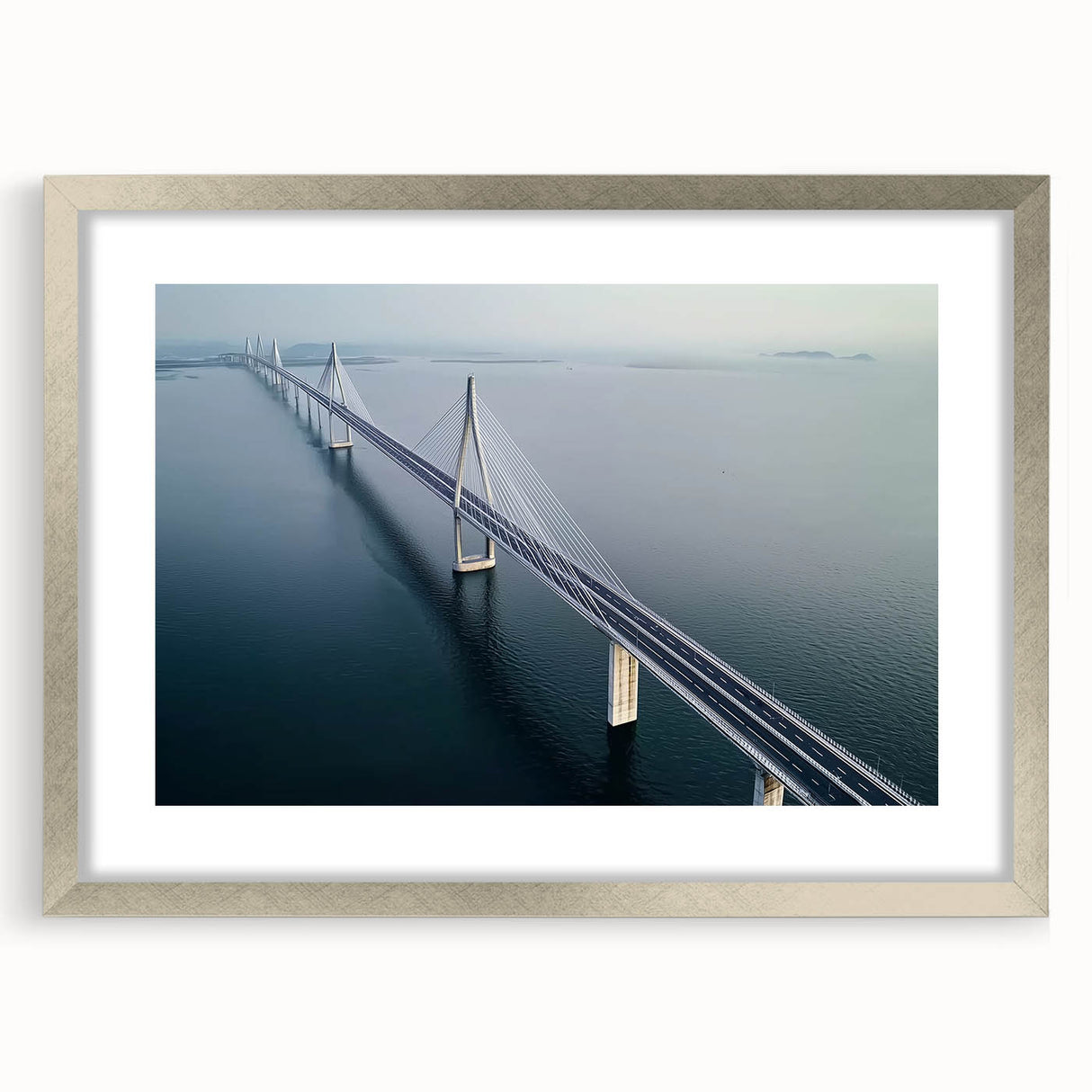 Silver landscape bridge frame with a white mat, showcasing a modern art print, ideal for enhancing home decor or office spaces, emphasizing elegance and style.