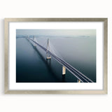 Silver landscape bridge frame with a white mat, showcasing a modern art print, ideal for enhancing home decor or office spaces, emphasizing elegance and style.