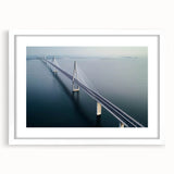 Landscape bridge frame in white matting, showcasing a contemporary artwork of a serene nature scene, ideal for modern home decor and gallery displays.
