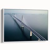 Framed canvas art showcasing a serene landscape bridge scene, with lush greenery and a tranquil water reflection, perfect for home decor in modern or rustic settings.
