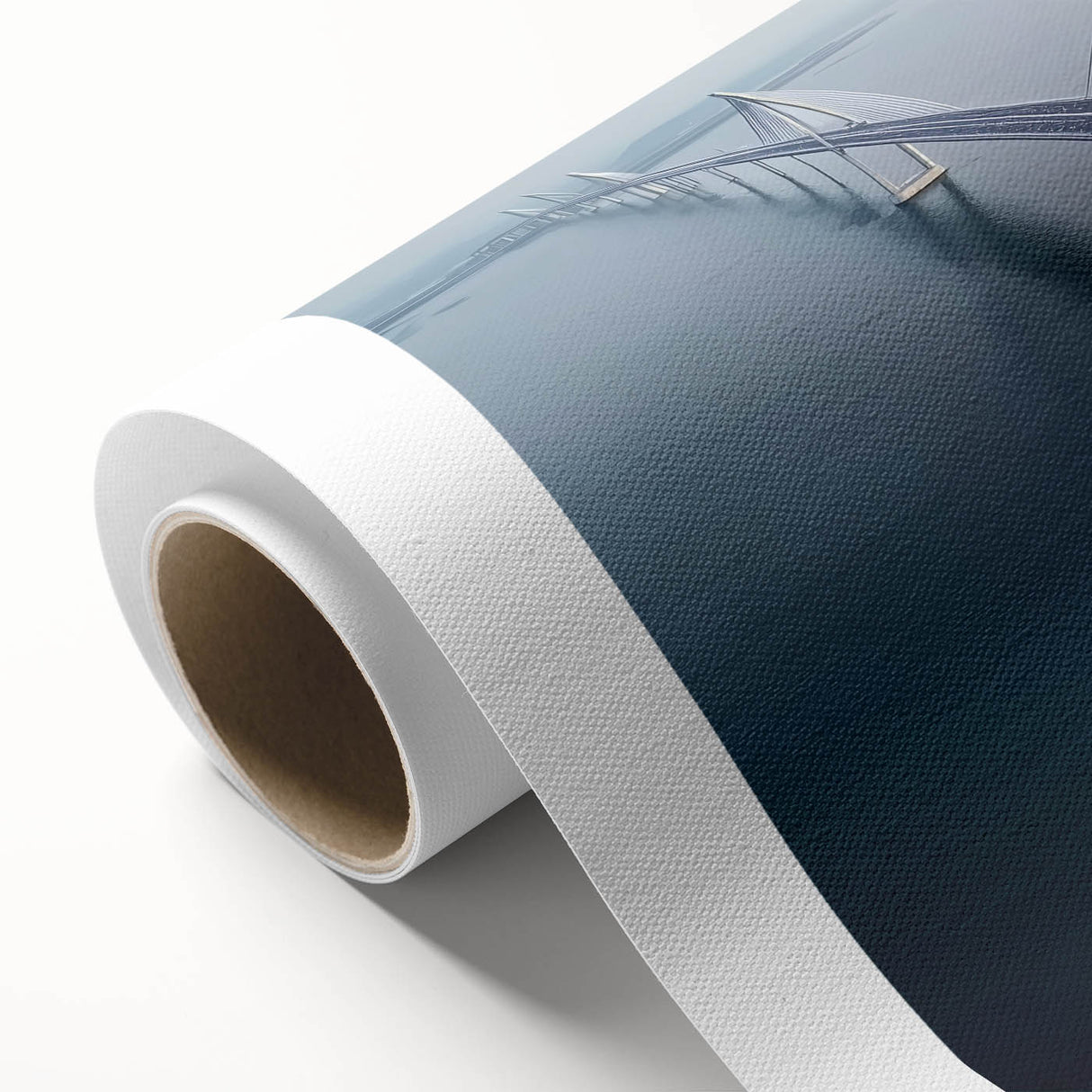 Rolled canvas artwork depicting a serene landscape bridge scene, showcasing vibrant colors and intricate details, packaged securely in a protective cardboard tube.