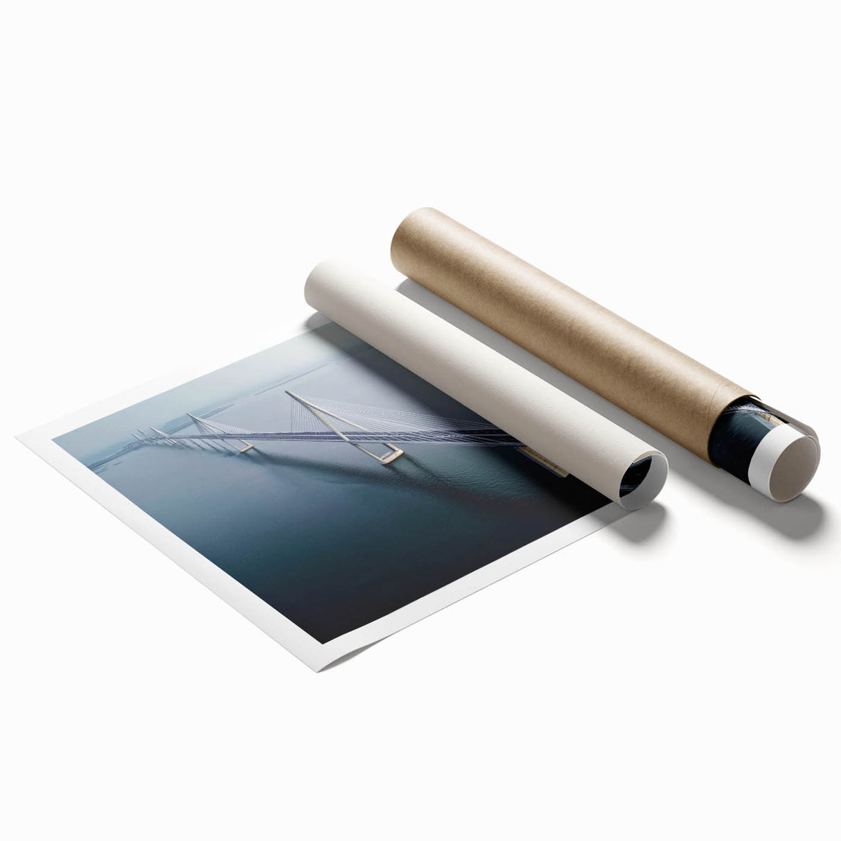 Rolled print showcasing a striking landscape bridge design, featuring vibrant colors and intricate details, securely packaged in a protective cardboard tube. Perfect for enhancing home decor with nature-inspired art.
