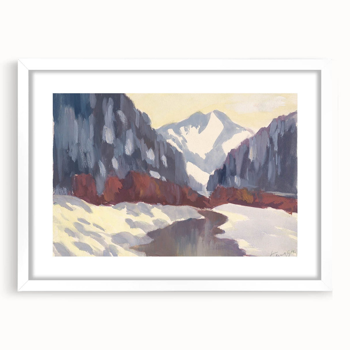 Winter Mountain Stream - Modern Wall Art of Snowy Landscape Scene