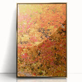 Large art print of a mid-century modernist fall scene in warm gold tones on framed acrylic, ideal for nursery wall decor.