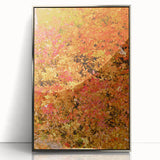 Mid-century modernist art depicting autumn trees in orange and brown tones on a silver-framed acrylic print.