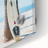 Large abstract wall art in vibrant orange and yellow tones on acrylic glass, ideal for dining room ambiance.