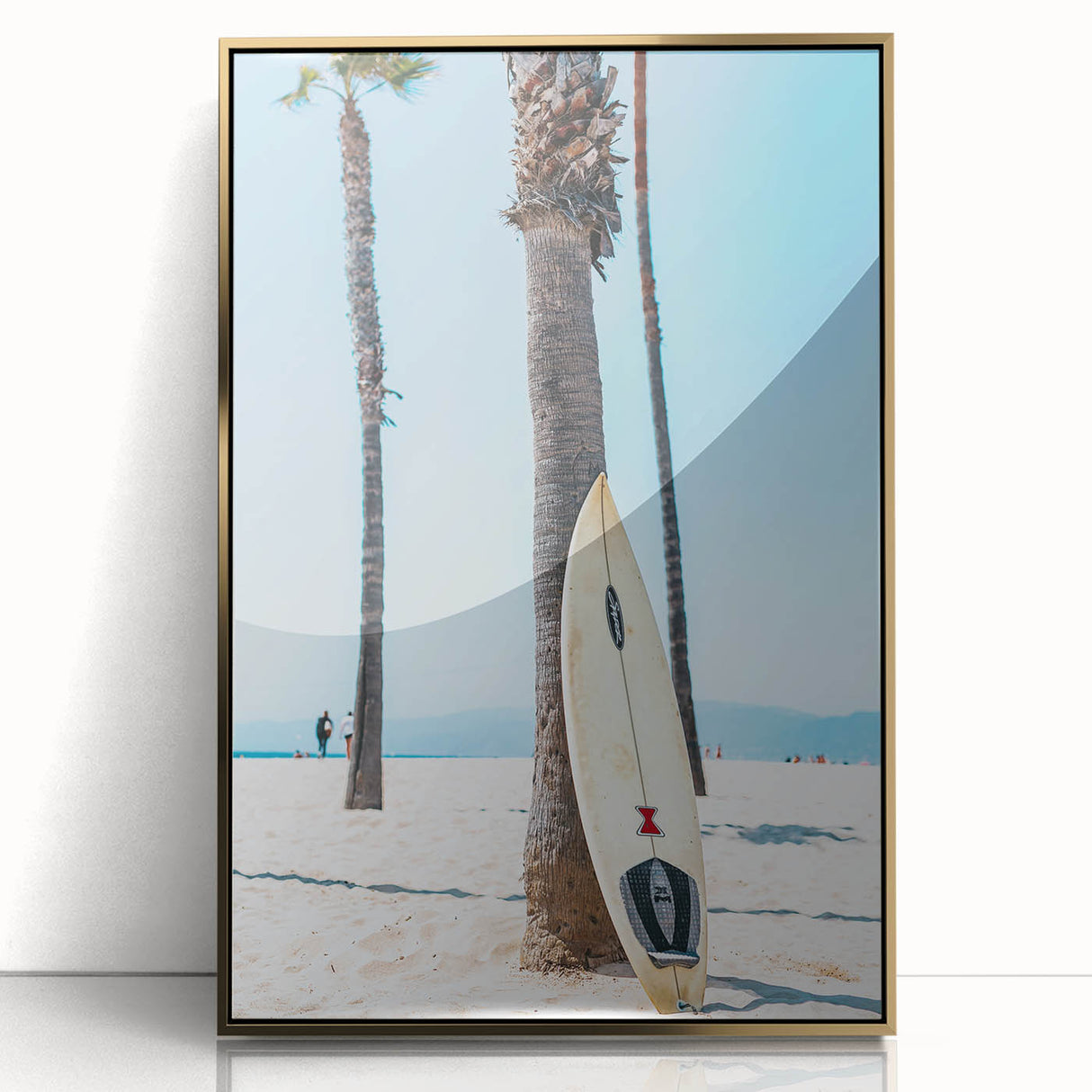 Large art print of a mid-century modernist summer scene on gold-framed acrylic, featuring warm hues.