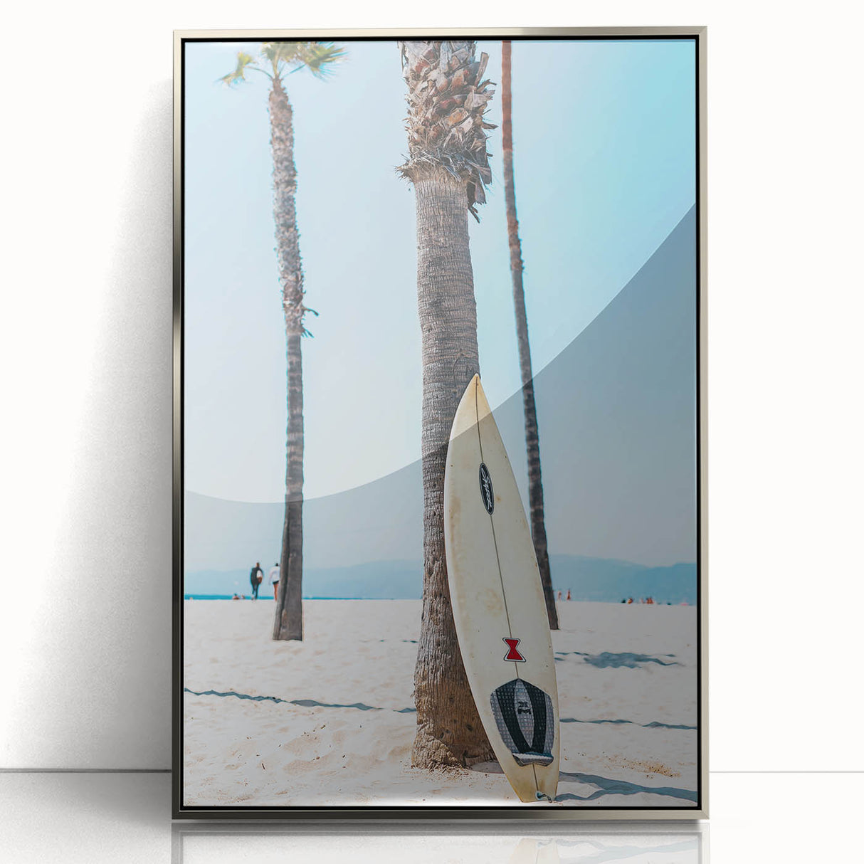 Mid-century modernist art depicting a summer scene in vibrant colors on a silver-framed acrylic, ideal for nursery wall art.