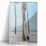 Art deco poster featuring a summer scene with pastel blue and pink tones on a white framed acrylic.