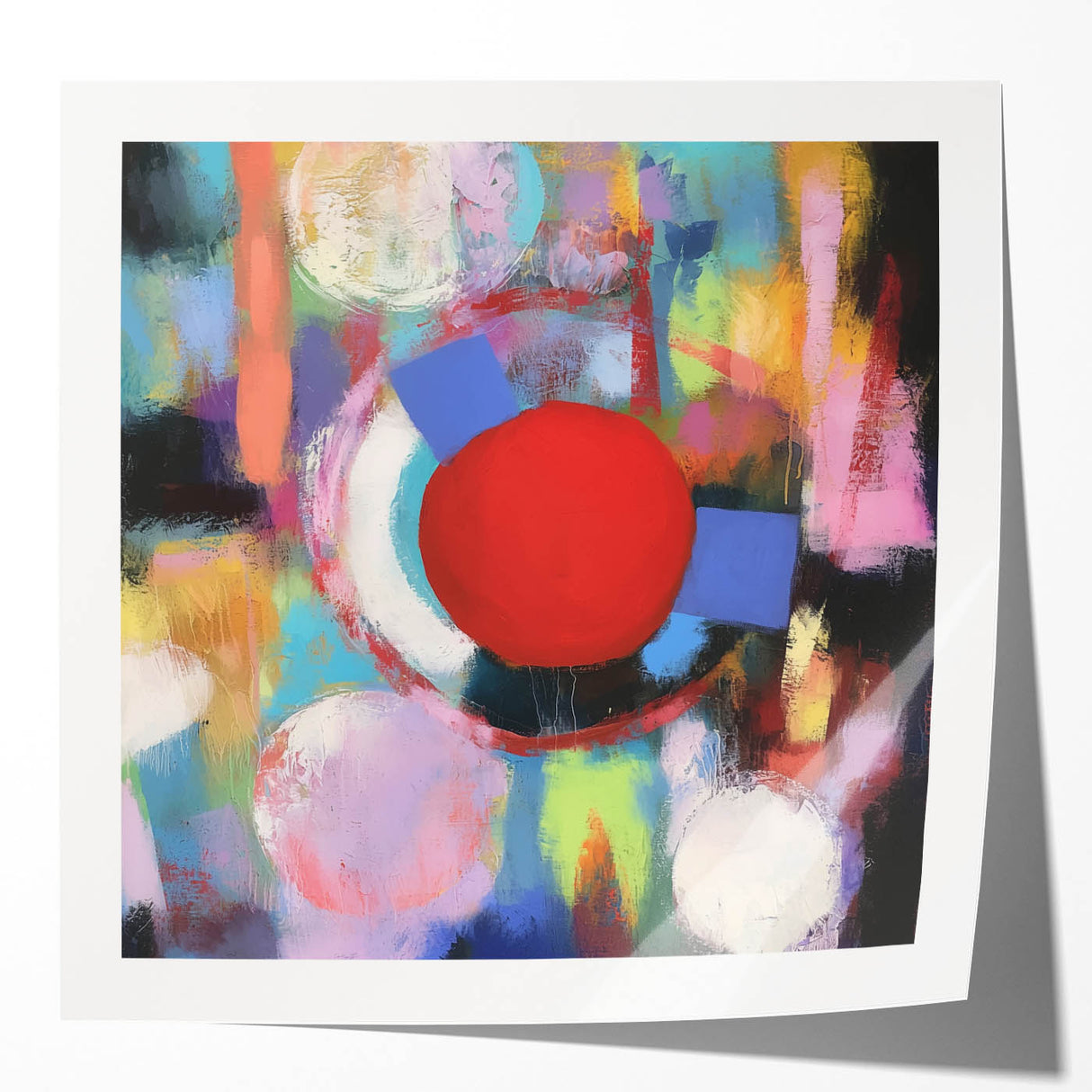 Abstract geometric art print mockup showcasing vibrant colors and intricate shapes on a glossy surface, ideal for modern interior design inspiration.