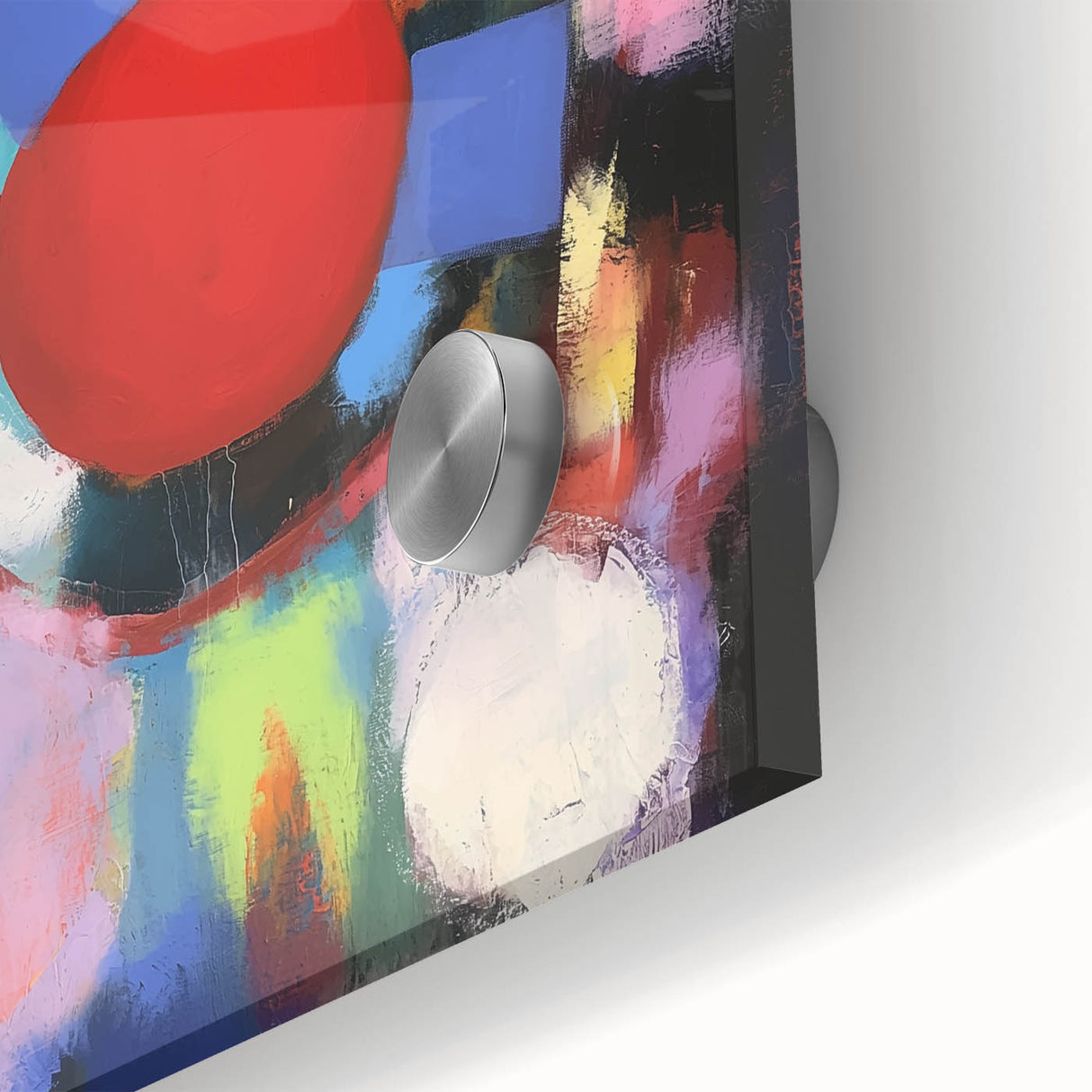 Close-up of an abstract geometric acrylic glass design showcasing vibrant colors and intricate patterns, ideal for modern home decor and artistic displays.