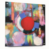 Abstract geometric acrylic glass design showcasing vibrant colors and sharp angles, viewed from the side with decorative pins, ideal for modern art enthusiasts.