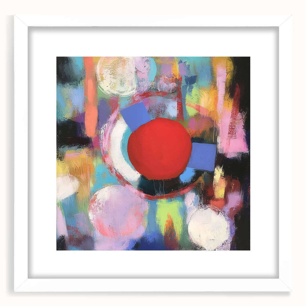 Abstract geometric frame design in a white mat, showcasing a modern artistic style with sharp angles and vibrant colors, perfect for contemporary home decor.