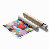 Abstract geometric rolled print showcasing vibrant blue, orange, and yellow shapes, ideal for modern home decor. Packaged securely in a durable cardboard tube for safe delivery.