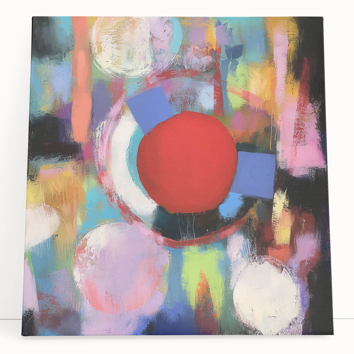 Abstract geometric stretched canvas artwork in vibrant colors, featuring bold shapes and lines, ideal for modern home decor. Perfect for adding a contemporary touch to living spaces.