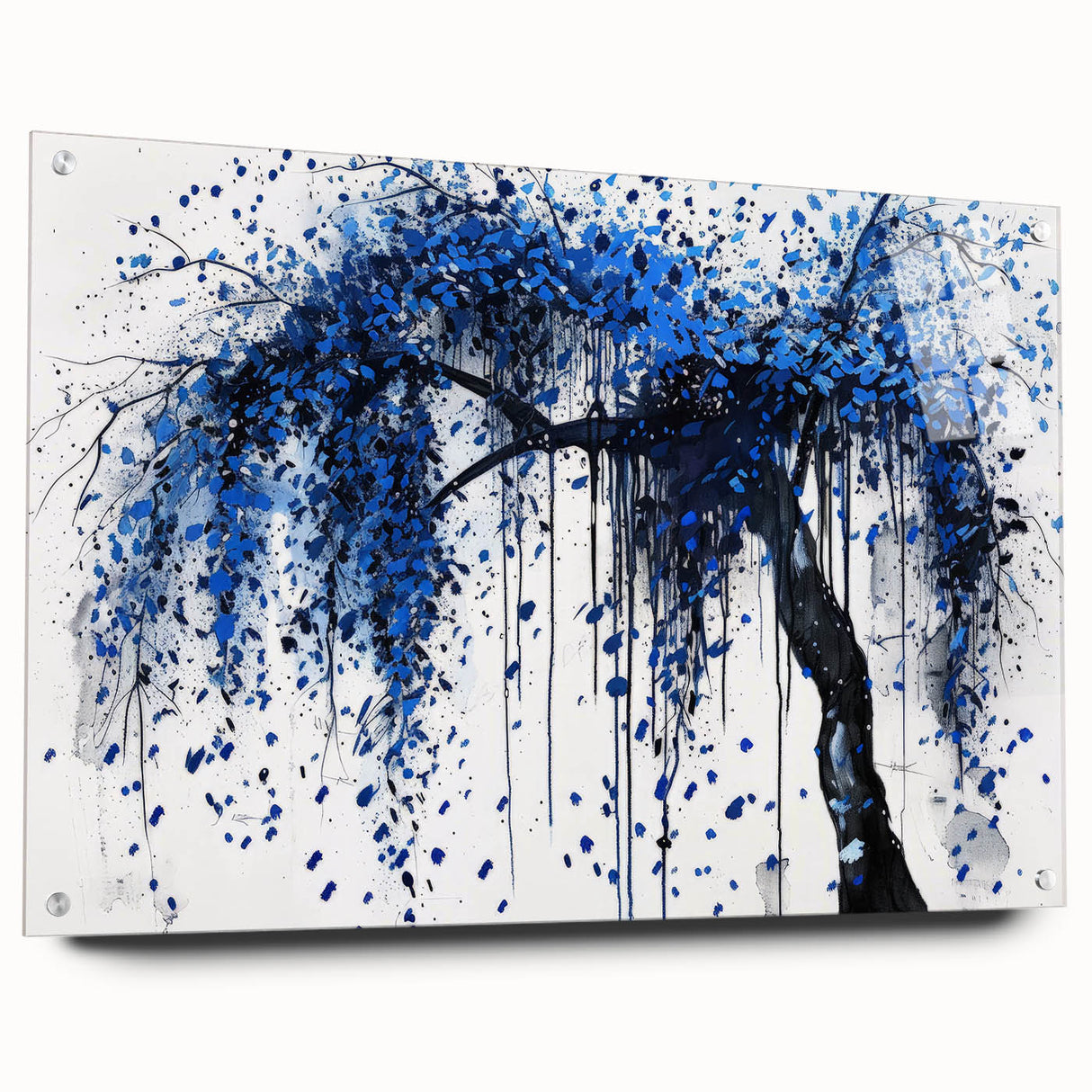 Abstract acrylic glass artwork showcasing vibrant splatter patterns in a side view, enhanced with decorative pins, perfect for modern interior decor.