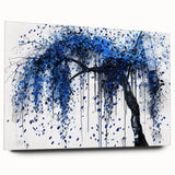 Abstract acrylic glass artwork displaying vibrant splatters in shades of blue, orange, and yellow, viewed from the side, perfect for modern decor.