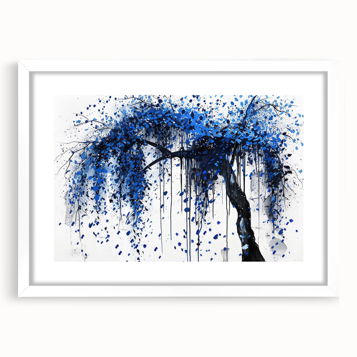 Abstract splatter art frame with a white mat, showcasing vibrant colors and dynamic patterns, ideal for modern home decor and artistic spaces.