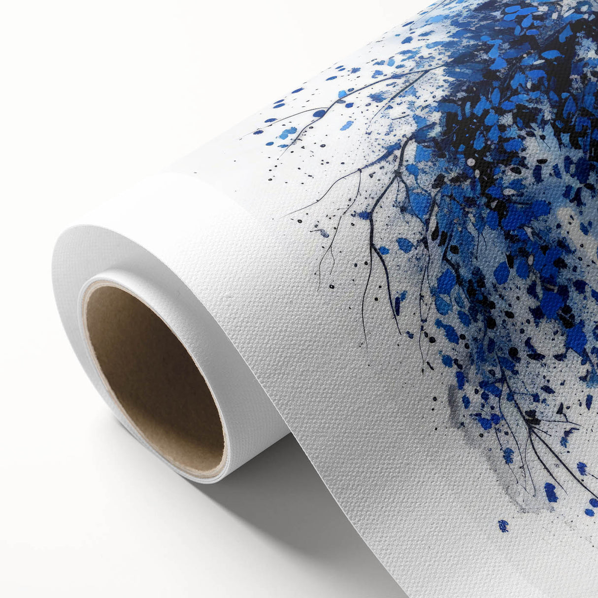 Abstract splatter artwork on rolled canvas, showcasing vibrant colors and dynamic shapes, ideal for modern home decor. Perfect for adding a unique touch to any space, packaged securely in a cardboard tube for safe delivery.