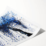 Abstract splatter art print showcasing vibrant colors and dynamic patterns, rolled for shipping in a protective tube, perfect for modern home decor.