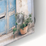 Close-up of a Greek architecture door depicted in large abstract wall art on acrylic glass, ideal for dining room art.