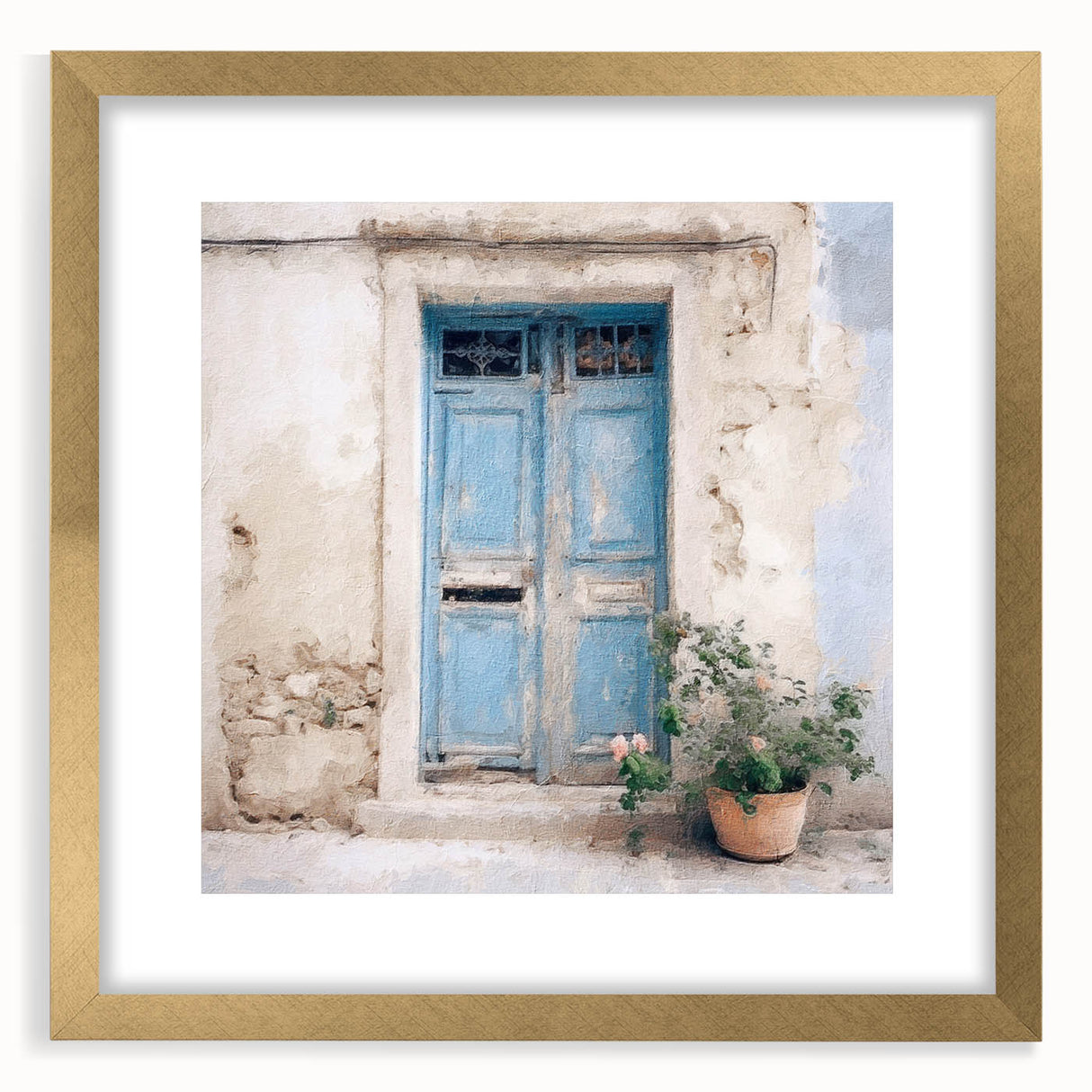Extra large abstract art print featuring a textured design of a Greek door in muted earth tones, framed with a gold mat.