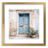 Extra large abstract art print featuring a textured design of a Greek door in muted earth tones, framed with a gold mat.