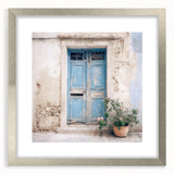 Textured abstract art print of a Greek door, in muted earth tones on a framed canvas, suitable for bedroom art.