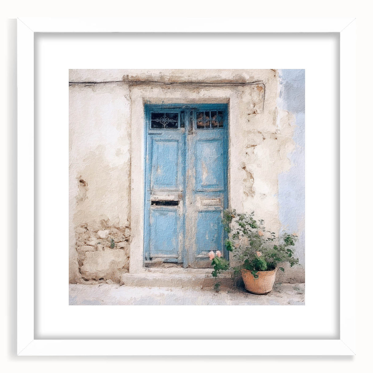 Abstract art print of a Greek architecture door in muted earth tones on a framed white canvas, ideal for dining room decor.