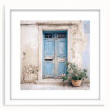 Abstract art print of a Greek architecture door in muted earth tones on a framed white canvas, ideal for dining room decor.