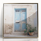 Acrylic print of a mid-century modernist Greek door in gold tones, suitable for modern art wall decor.