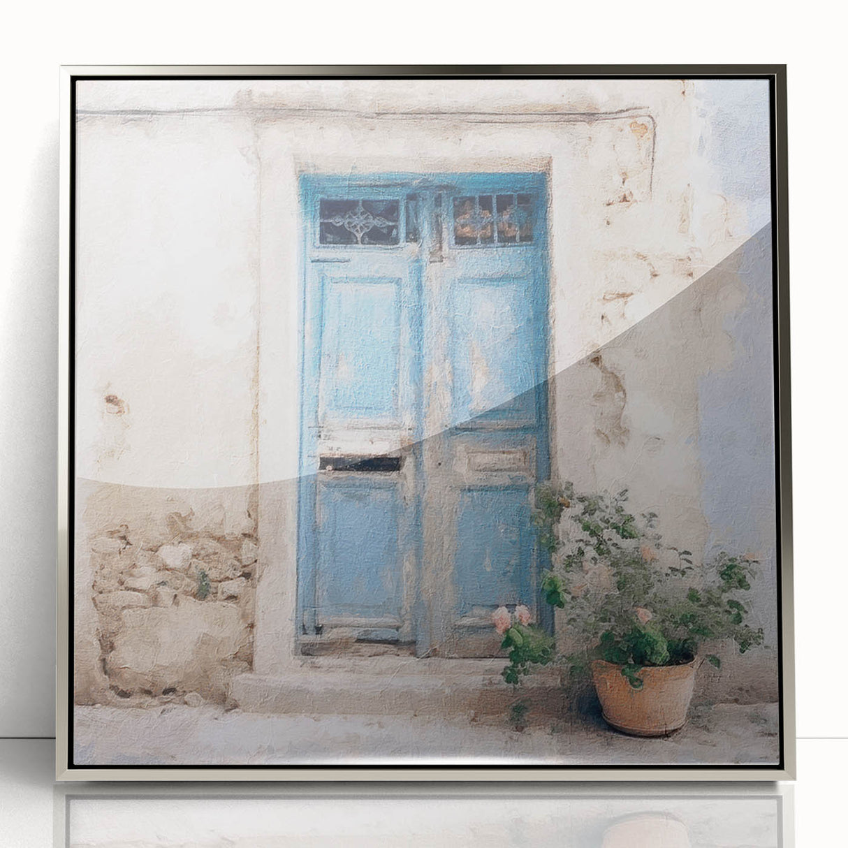 Mid-century modernist art featuring a Greek door design in silver acrylic, framed, ideal for nursery wall decor.