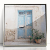 Mid-century modernist art featuring a Greek door design in silver acrylic, framed, ideal for nursery wall decor.