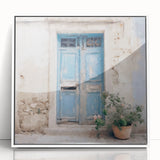 Art Deco poster of a Greek architecture door, in white and gray tones on framed acrylic.