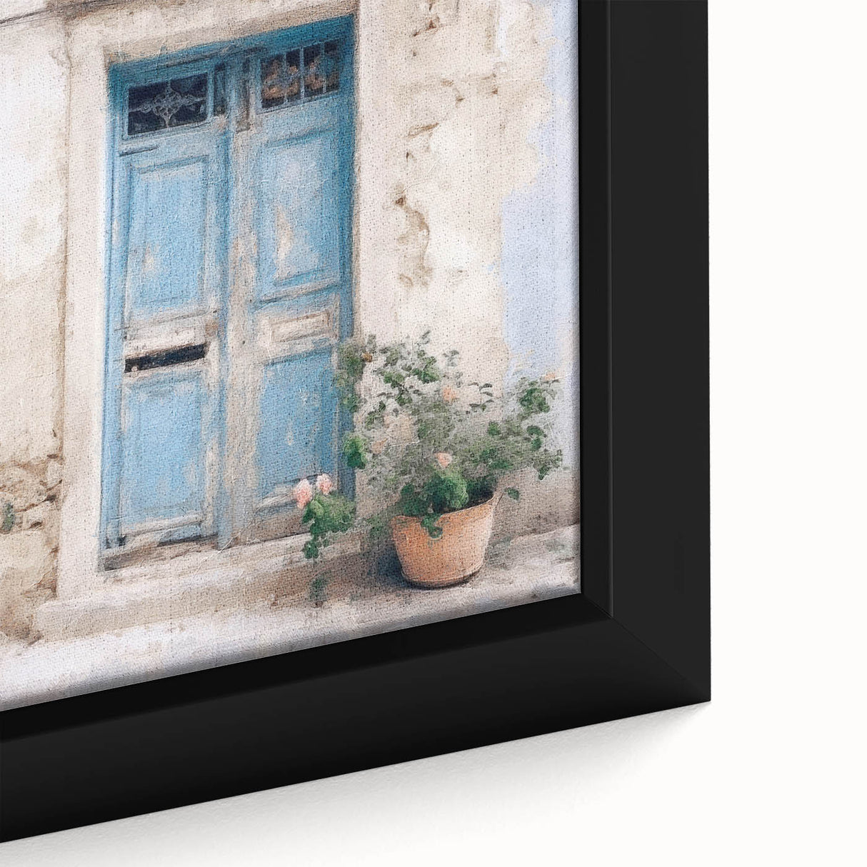 Close-up of a black framed canvas featuring a textured image of a colorful, Greek-style door, ideal for living room decor.