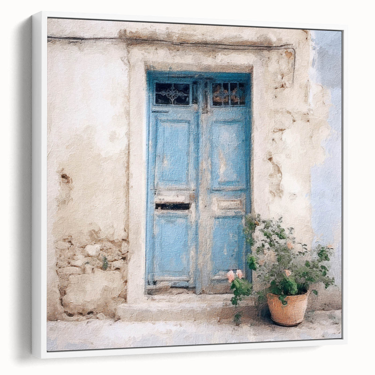 Vintage poster art depicting a Greek door architecture on white framed canvas, ideal for living room decor.