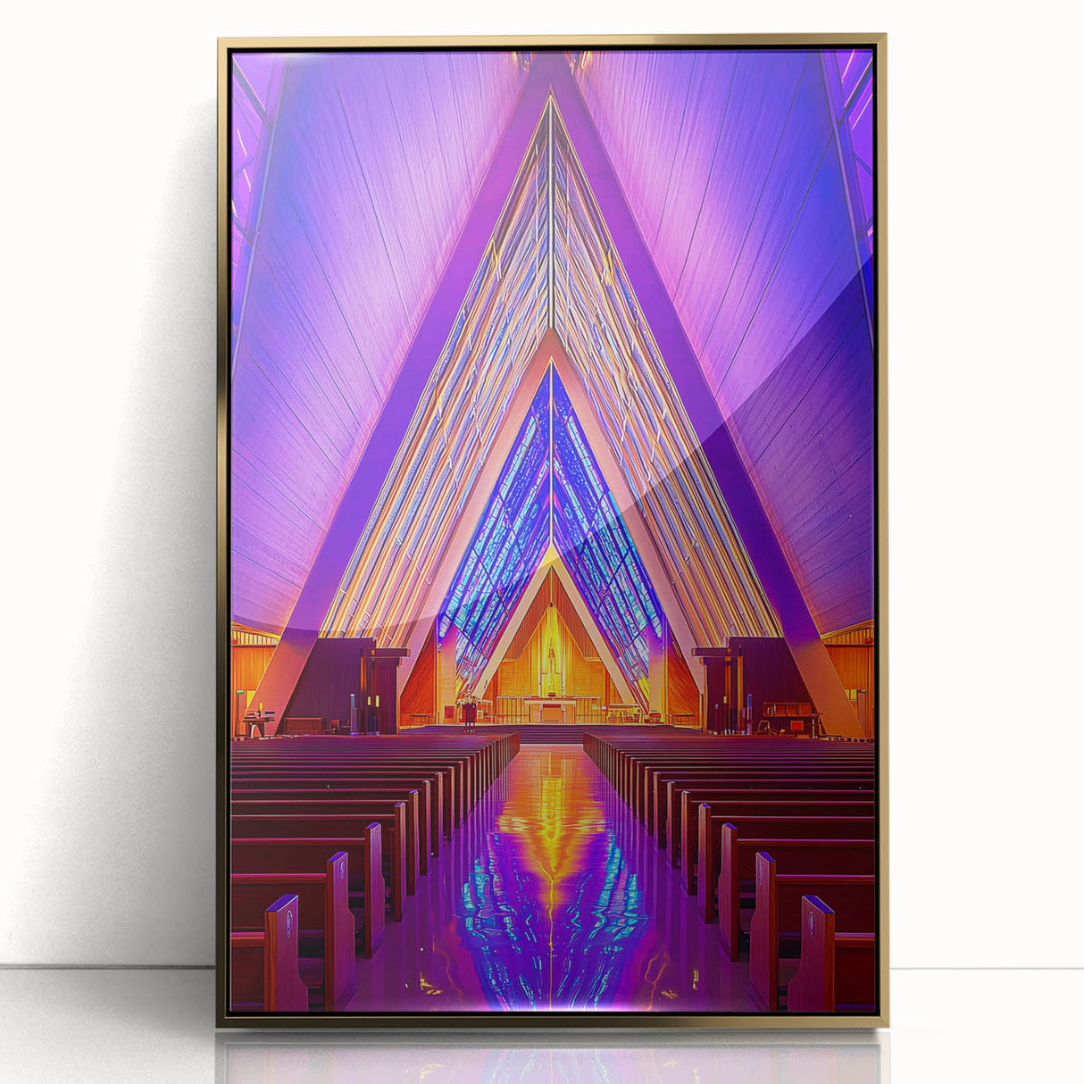 Framed acrylic print of a mid-century modernist architecture in gold tones, suitable for modern art wall decor.