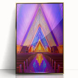 Framed acrylic print of a mid-century modernist architecture in gold tones, suitable for modern art wall decor.