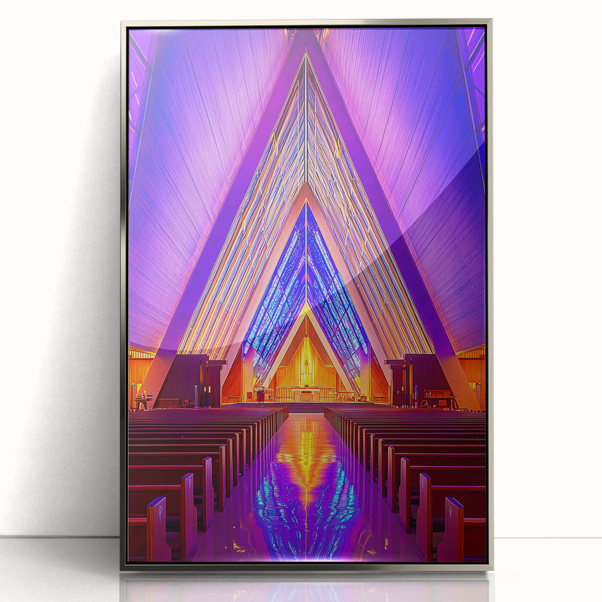 Mid-century modernist art deco poster in silver frame, featuring geometric shapes in muted tones, ideal for nursery wall art.