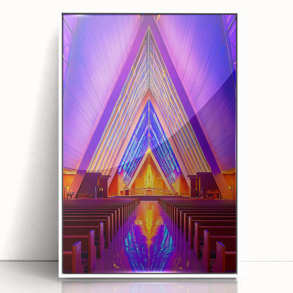 Art deco poster featuring geometric shapes in muted gold and navy, acrylic print framed in white.