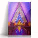Art deco poster featuring geometric shapes in muted gold and navy, acrylic print framed in white.