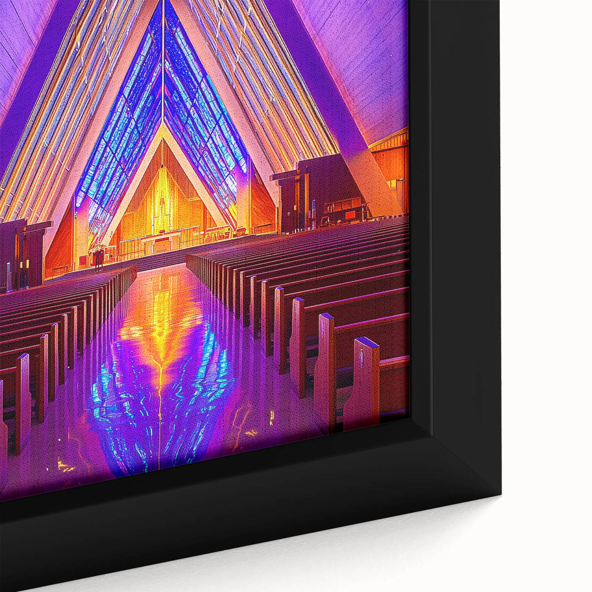 Extra large framed canvas featuring a textured black architectural design with colorful accents, ideal for living room decor.
