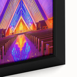 Extra large framed canvas featuring a textured black architectural design with colorful accents, ideal for living room decor.