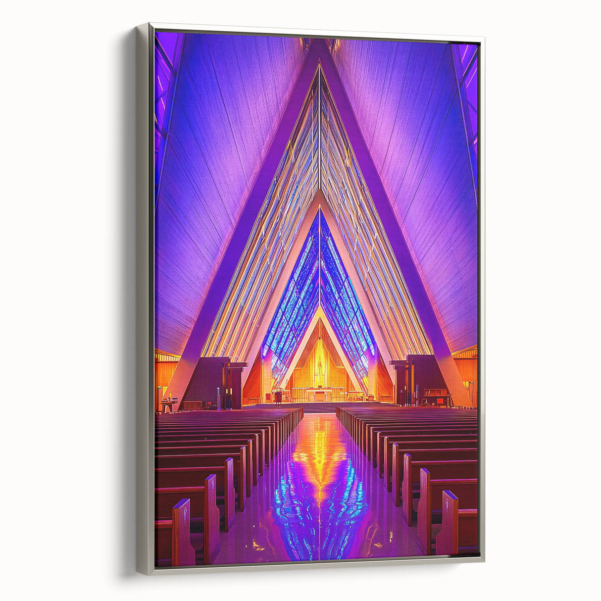 Landscape art painting on framed canvas, featuring a vintage poster style with a black and colorful palette.