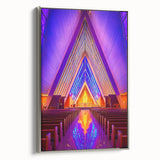 Landscape art painting on framed canvas, featuring a vintage poster style with a black and colorful palette.